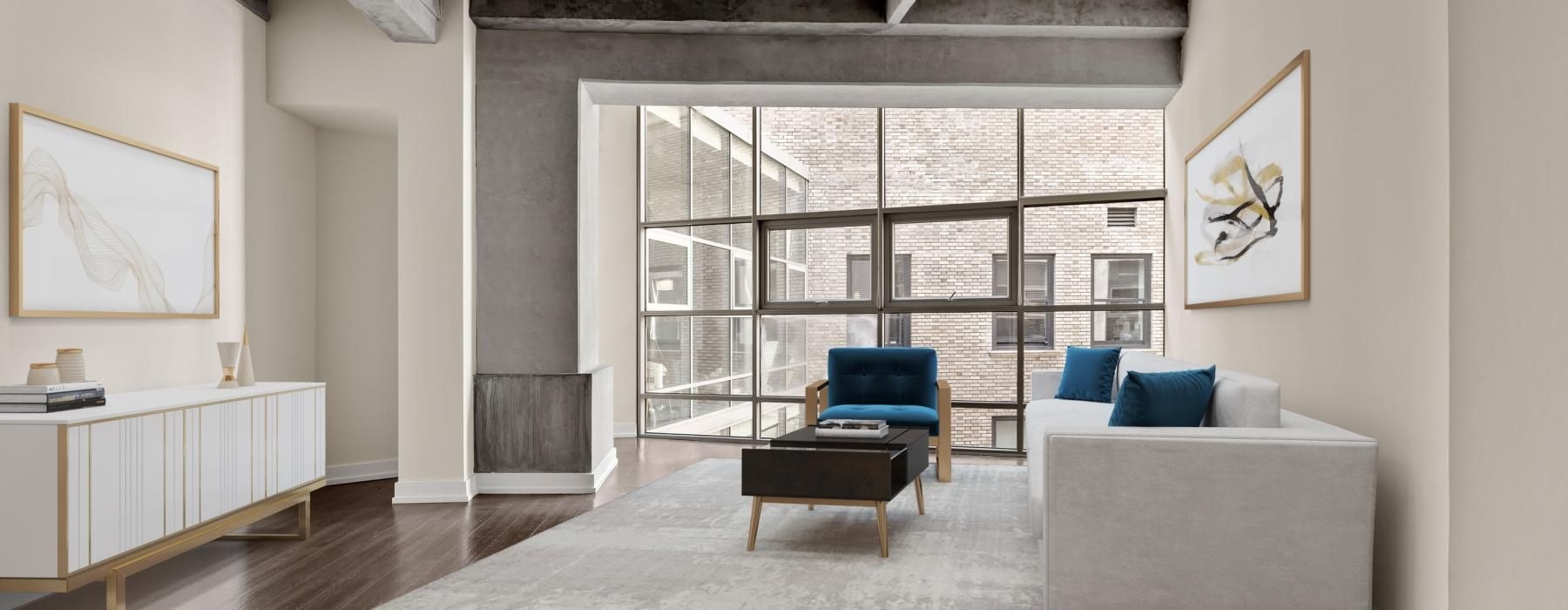 a room with a couch and a table